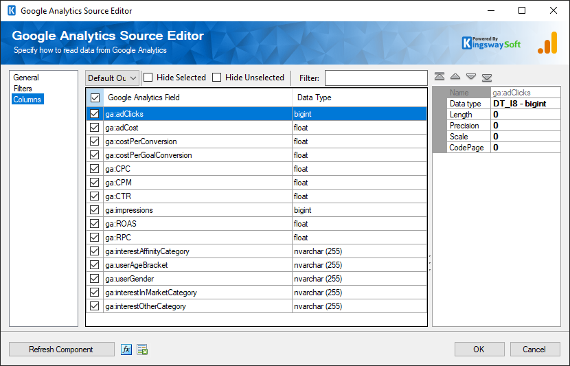 SSIS google analytics source - columns page